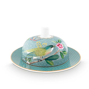 Butter Dish Round blushing birds blue