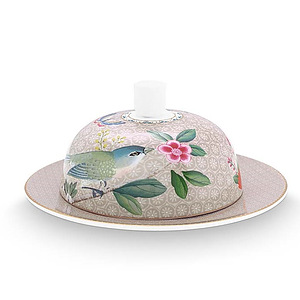 Butter Dish Round blushing birds khaki