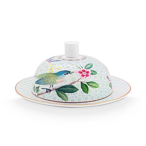 Butter Dish Round blushing birds White