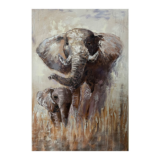 Canvas Schilderij Mondiart Olifant met kleintje 1