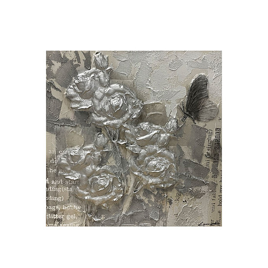 Canvas Schilderij Rozen zilver met vlindertje 1