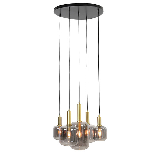 Hanglamp 5L Lekar antiek brons met smoke glas